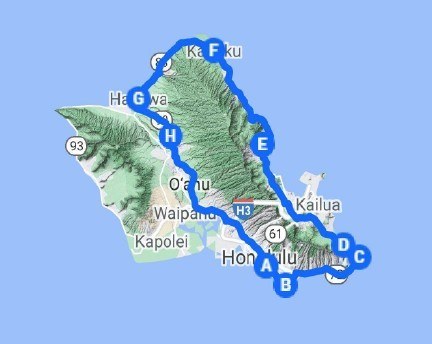 A map of the circle island indicates popular attractions on our customizable Honolulu private tours.