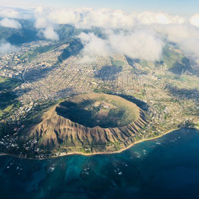 Aerial view of diamond head crater Oahu, a site visited on our Circle Island tours.